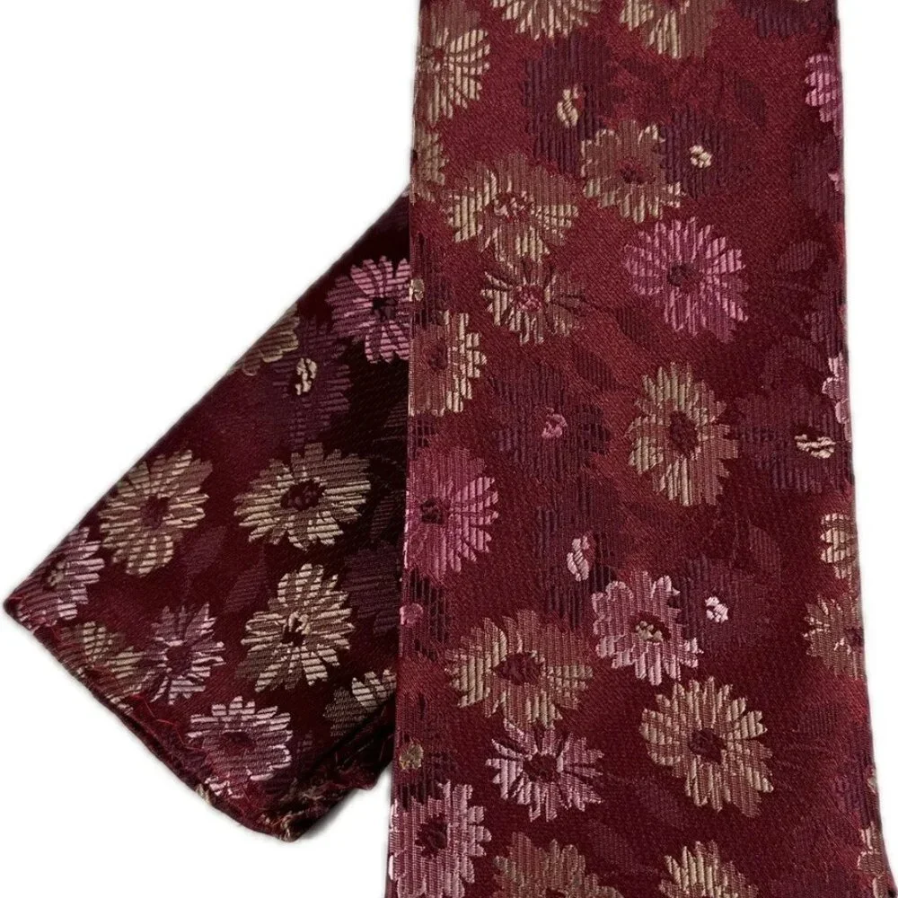 Stacy Adams Men Tie Hanky Burgundy Pink Bone Floral 100% Microfiber 3.25
